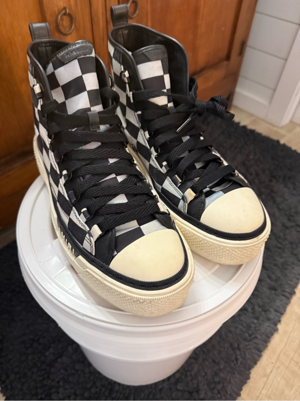 AMIRI Black & White Checkerboard High-Top Sneakers with Cream Sole